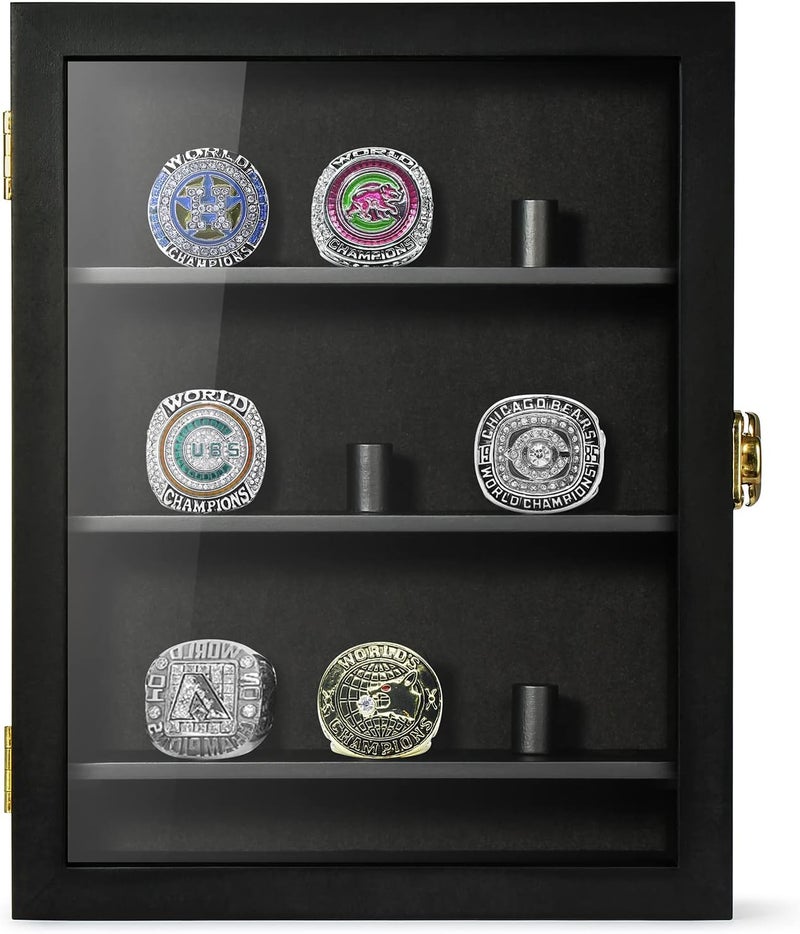 TJMOREE Championship Ring Display Case, 9 Posts Baseball & MoreDisplay Case, 8x10 Wall Mount Wooden Glass Shadow Box with Locks - Black - Image 2